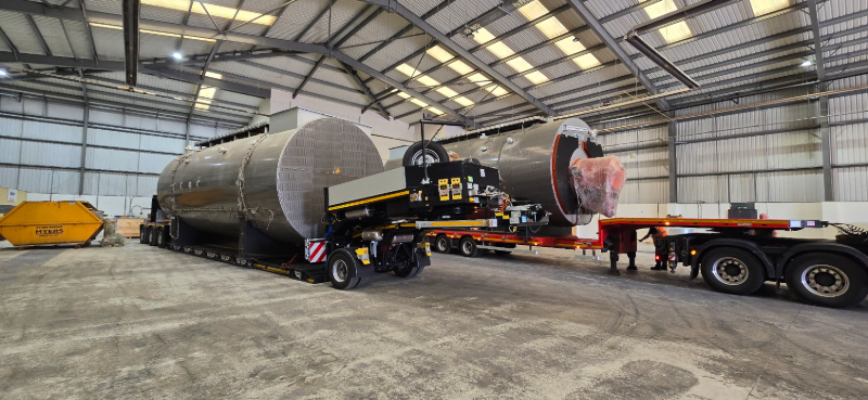 Two 50t boilers in our Bradford Warehouse loaded and ready to be delivered and installed on site
